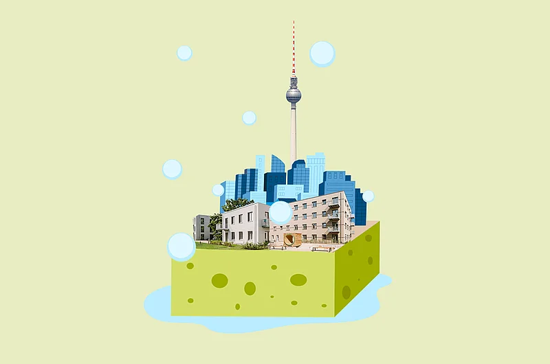 Illustration der Stadt Berlin mit dem Wahrzeichen Berliner Fernsehturm auf einem überdimensionalem Schwamm.