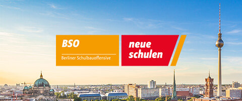 Logo der Berliner Schulbauoffensive, im Hintergrund ein Bild von Berlin mit Sicht auf den Fernsehturm