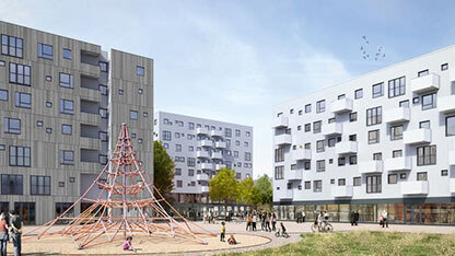 Bild – 3D Render des Bauprojekts am Mühlengrund; Im Hintergrund der Neubauten mit weißter Fassade; Im Vordergrund ein Klettergerüst