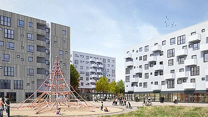 3D Render des Bauprojekts am Mühlengrund; Im Hintergrund der Neubauten mit weißter Fassade; Im Vordergrund ein Klettergerüst