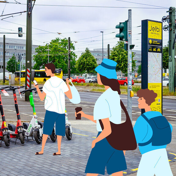 Jelbi-Station mit illustrierten Menschen