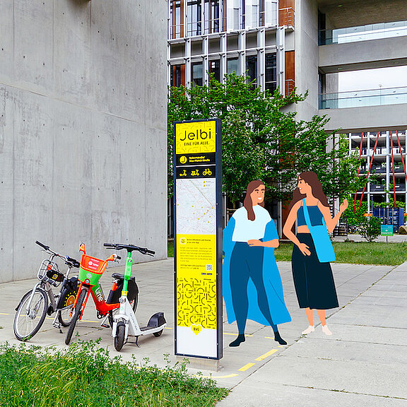 Jelbi-Station mit illustrierten Menschen