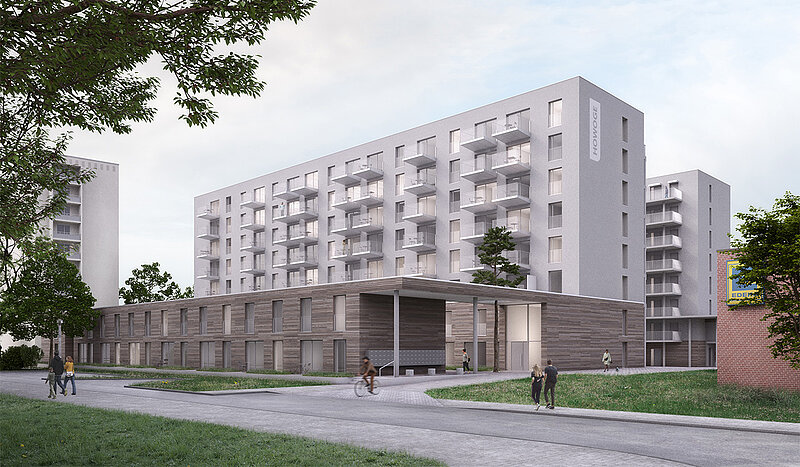 Visualsierung mit Weitsicht auf die Straße mit gehenden Menschen und der Vorderseite des Gebäudes. Der untere Teil des Gebäudes hat eine Holzfassade. 