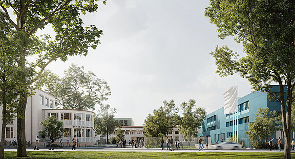 Visualisierung, Blick von der Straße auf das Gelände und der Fassaden 