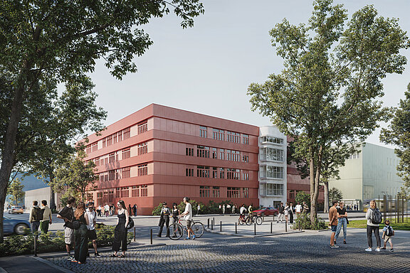 Visualisierung, Blick auf lebendige Straße und im Hintergrund die rote Fassade