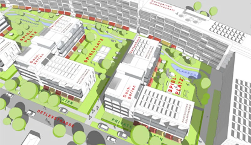 3D Render Vogelperspektive auf die Neubauten auf der Detlevstraße