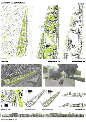 Präsentationsplan für die Detlevstraße mit 3D Renderings, Skizzen und Erläuterungen