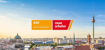 Logo der Berliner Schulbauoffensive, im Hintergrund ein Bild von Berlin mit Sicht auf den Fernsehturm