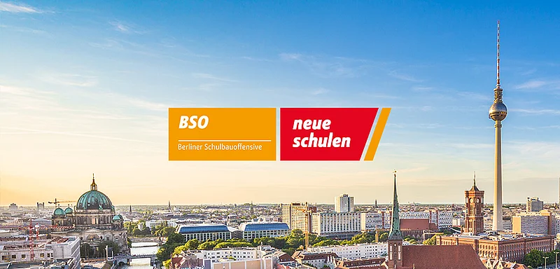 Logo der Berliner Schulbauoffensive, im Hintergrund ein Bild von Berlin mit Sicht auf den Fernsehturm