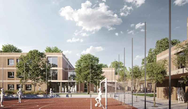 3D-Rendering-Grafik einer Neubausiedlung im Holzbaustil.
