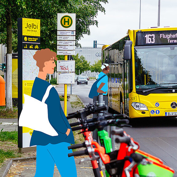 Jelbi-Station mit illustrierten Menschen