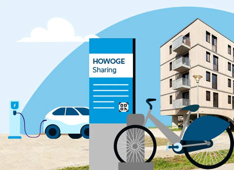 Illustration of a car at an electric vehicle charging station and a bicycle in a bike-sharing situation.