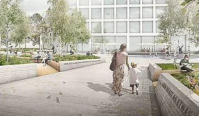 3D Render des Stefan-Heym-Platzes, auf dem Platz vor dem Gebäude befinden sich Menschen
