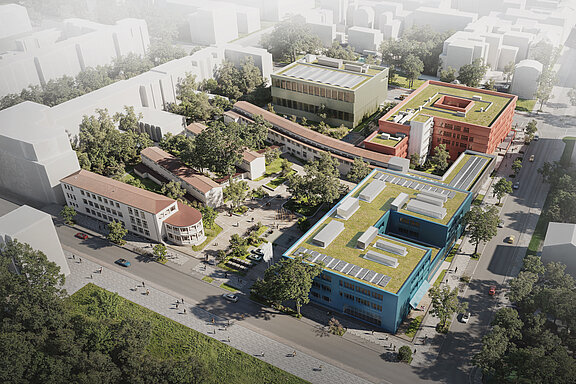 Visualisierung, Vogelperspektive auf das belebte Schulgelände