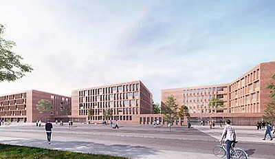 3D Render eines Entwurfs mit Backsteinfassade für die Allee der Kosmonauten