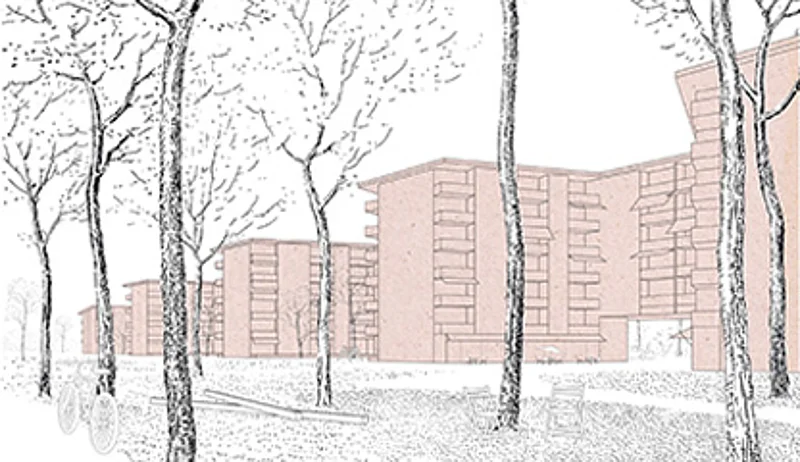 3D Skizze des Bauprojekts Detlevstraße; Die Gebäude sind rot eingefärbt