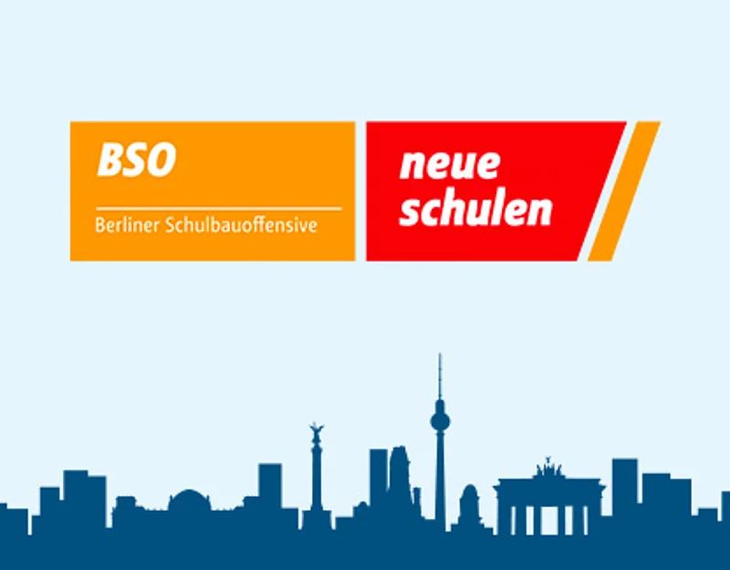 Grafik mit Logo der Schulbauoffensive und der Silhouette Berlins 