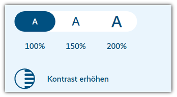 Einstellung der Textgröße und des Zooms. Es ist möglich, den Konstrast zu erhöhen oder zu verringern.