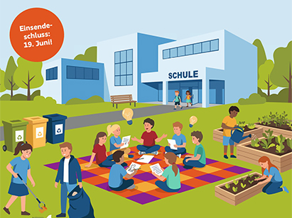 Illustration Wettbewerb sauberer Schulweg; Kinder sitzen auf einer Decke und Brainstormen, pflegen den Schulgerten und sammeln Müll; Text auf dem Bild: Einsendeschluss 19. Juni