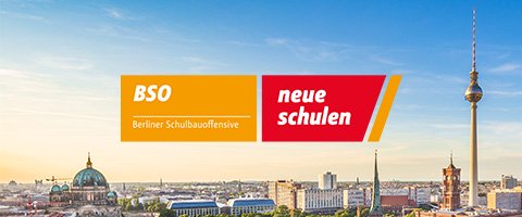 Logo der Berliner Schulbauoffensive, im Hintergrund ein Bild von Berlin mit Sicht auf den Fernsehturm