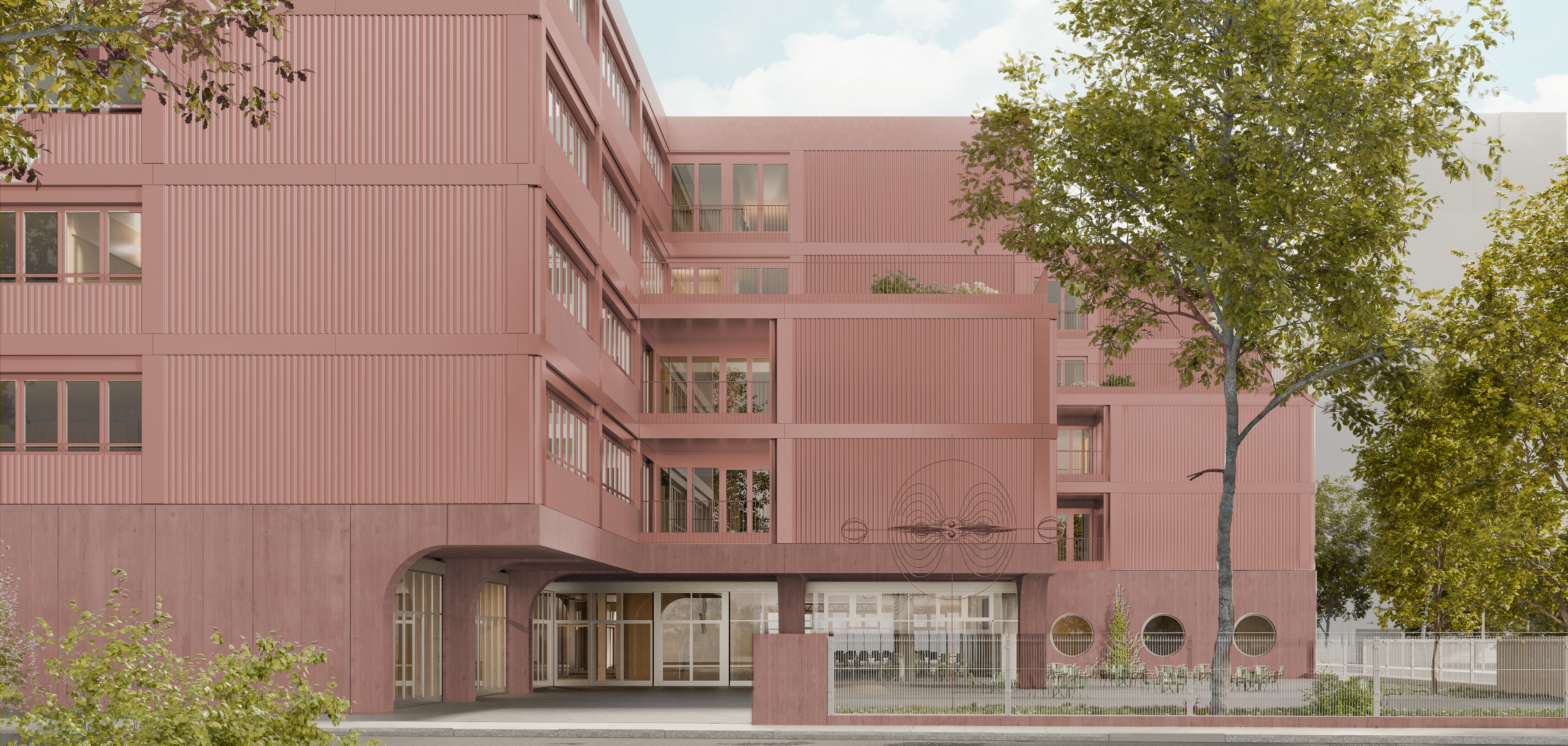 Rotes Schulgebäude Visualisierung von Außen