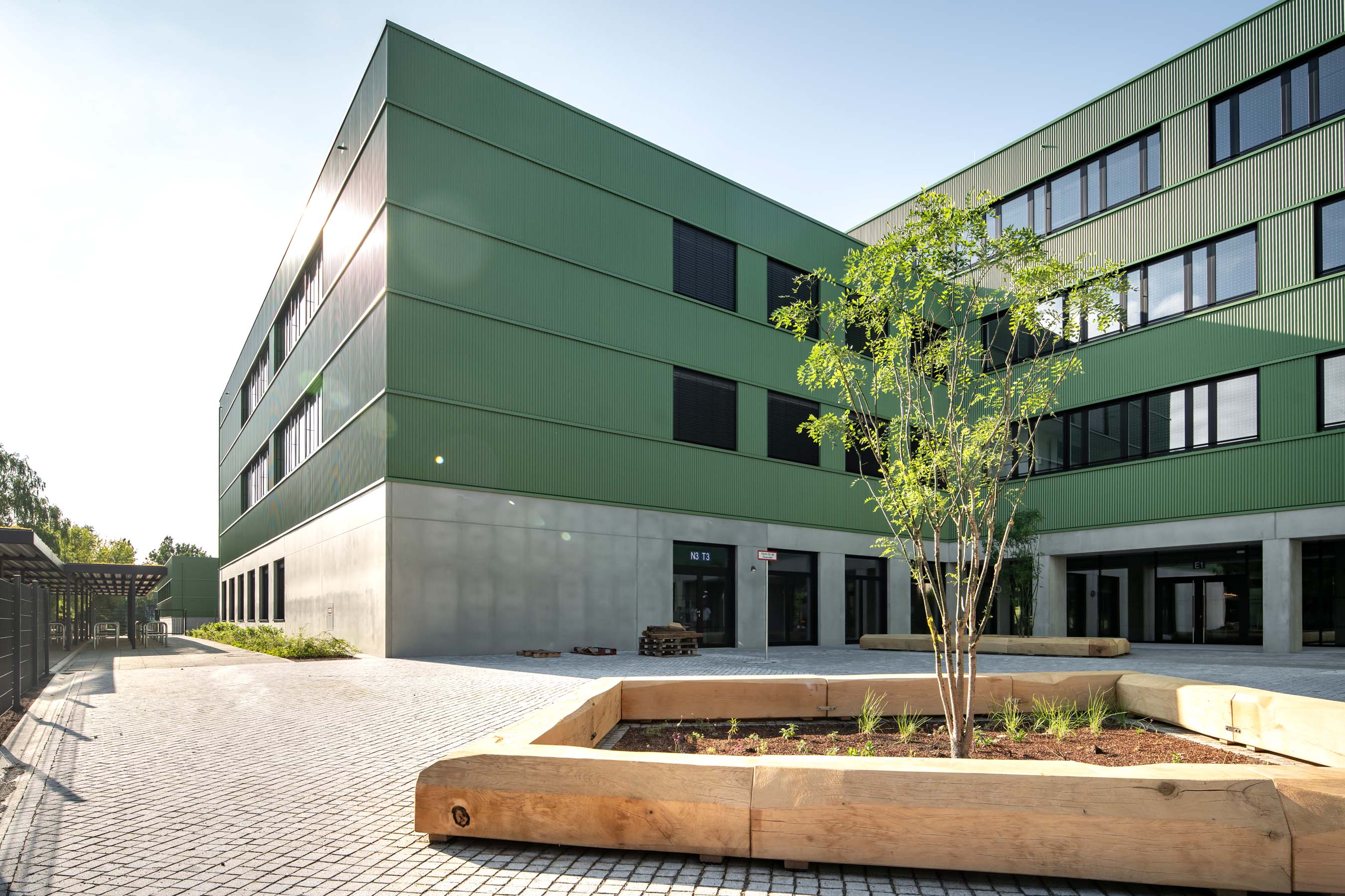 Außenansicht grüne Fassade mit Schulhof