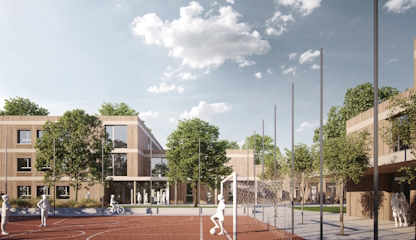 Bild – 3D-Rendering-Grafik einer Neubausiedlung im Holzbaustil.