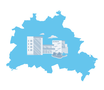 Illustration des Stadtumrisses von Berlin mit einem Schulgebäude. 