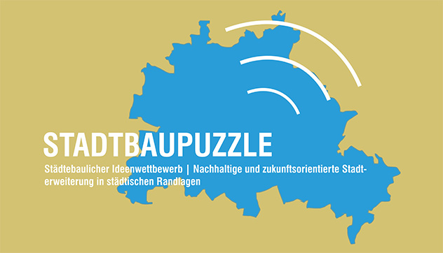 blauer Umriss von Berlin auf ockerfarbenem Grund; darüber Schriftzug Stadtbaupuzzle