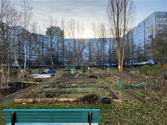 Blick über den Nachbarschaftsgarten Richtung Wohnblock
