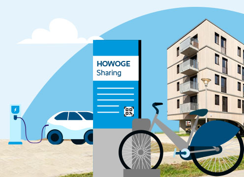Bild – Illustraion Auto an E-Ladesäule und Fahrrad bei Bikesharing
